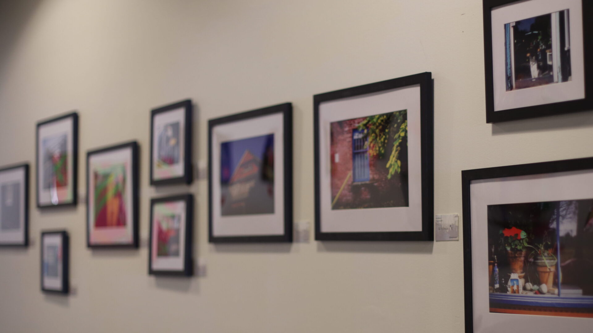 A series of framed photos displayed on a wall.
