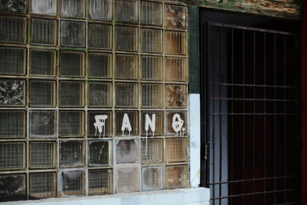 The word "FANG" appears in graffiti in a series of glass bricks, next to a locked iron-grated building entrance.